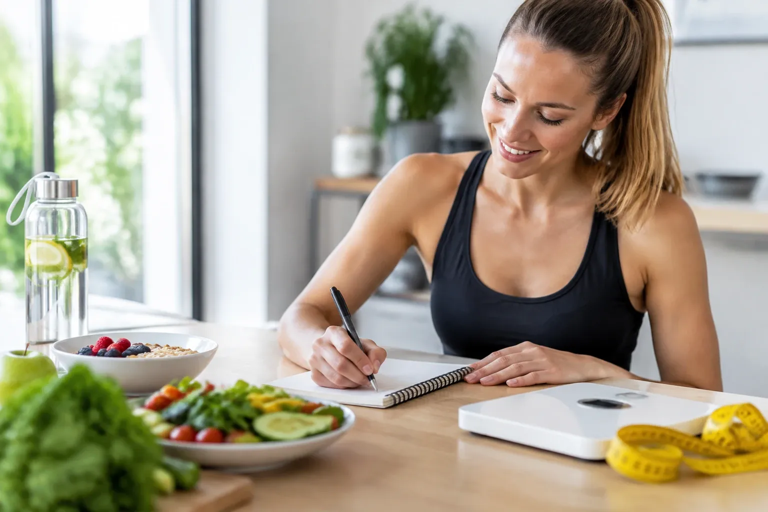 Vrolijke vrouw schrijft voedings- en beweegdagboek aan tafel naast schaal salade
