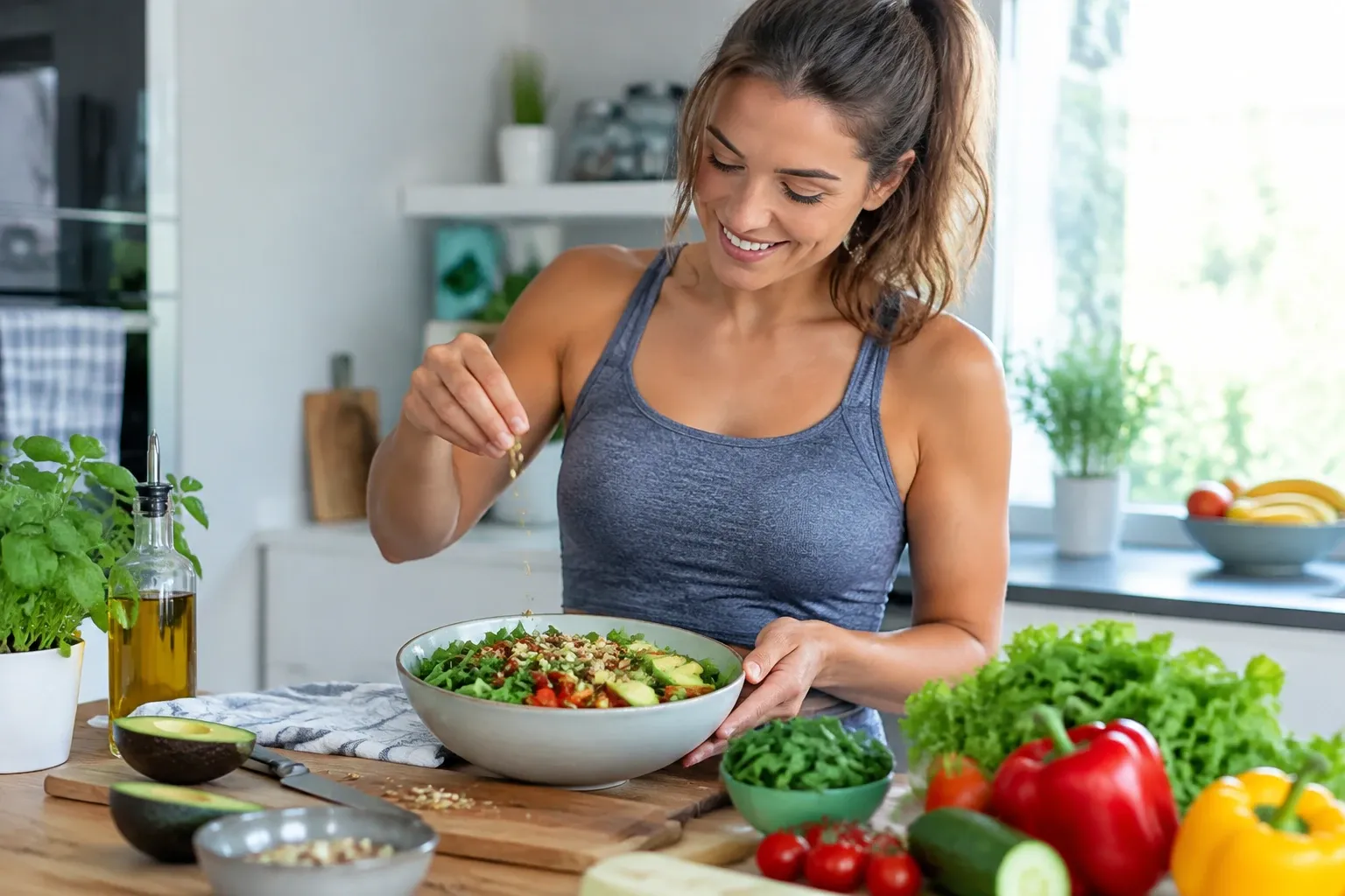 Vrouw in sporttop voegt zaden toe aan kleurrijke salade met avocado en groenten