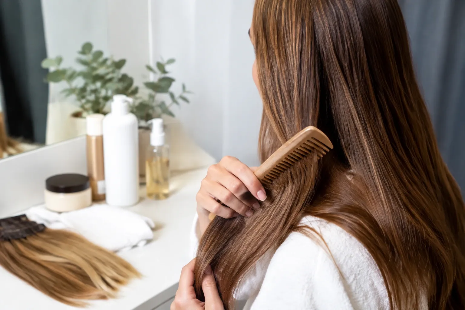 Vrouw met lang glanzend haar kamt lengtes bij spiegel met verzorgingsproducten