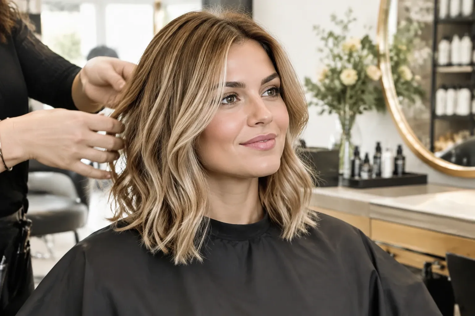 Vrouw in kapsalon met halflang, golvend blonde bob en highlights, kapper achter haar
