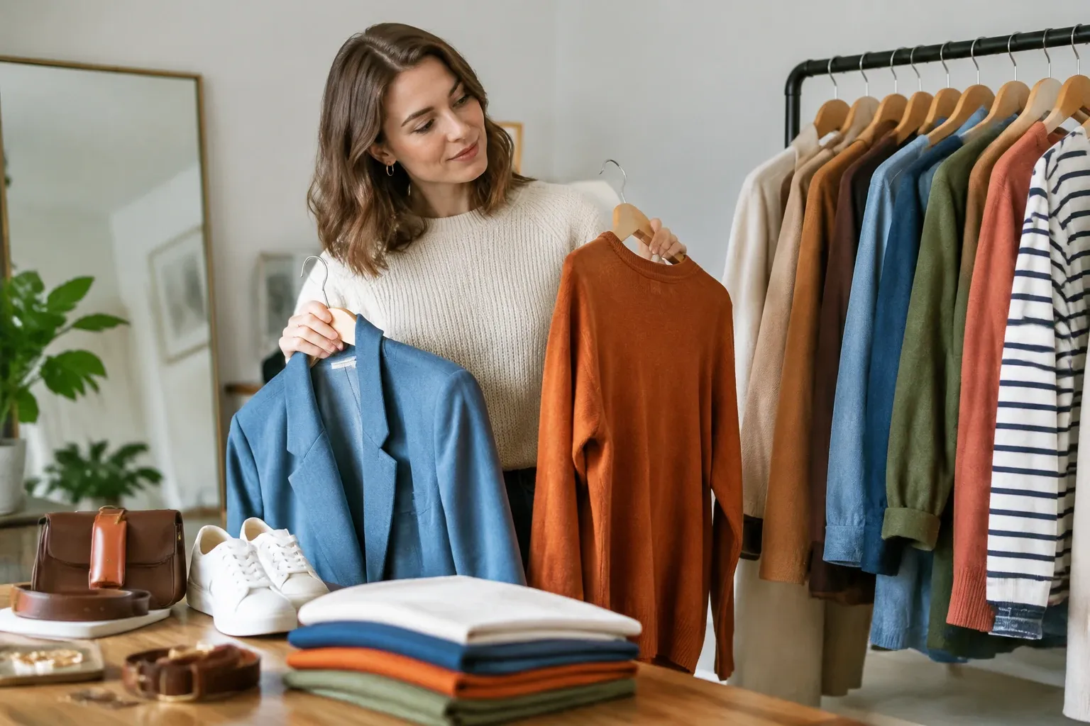 Vrouw vergelijkt blauwe blazer en oranje trui naast kledingrek met kledingstukken