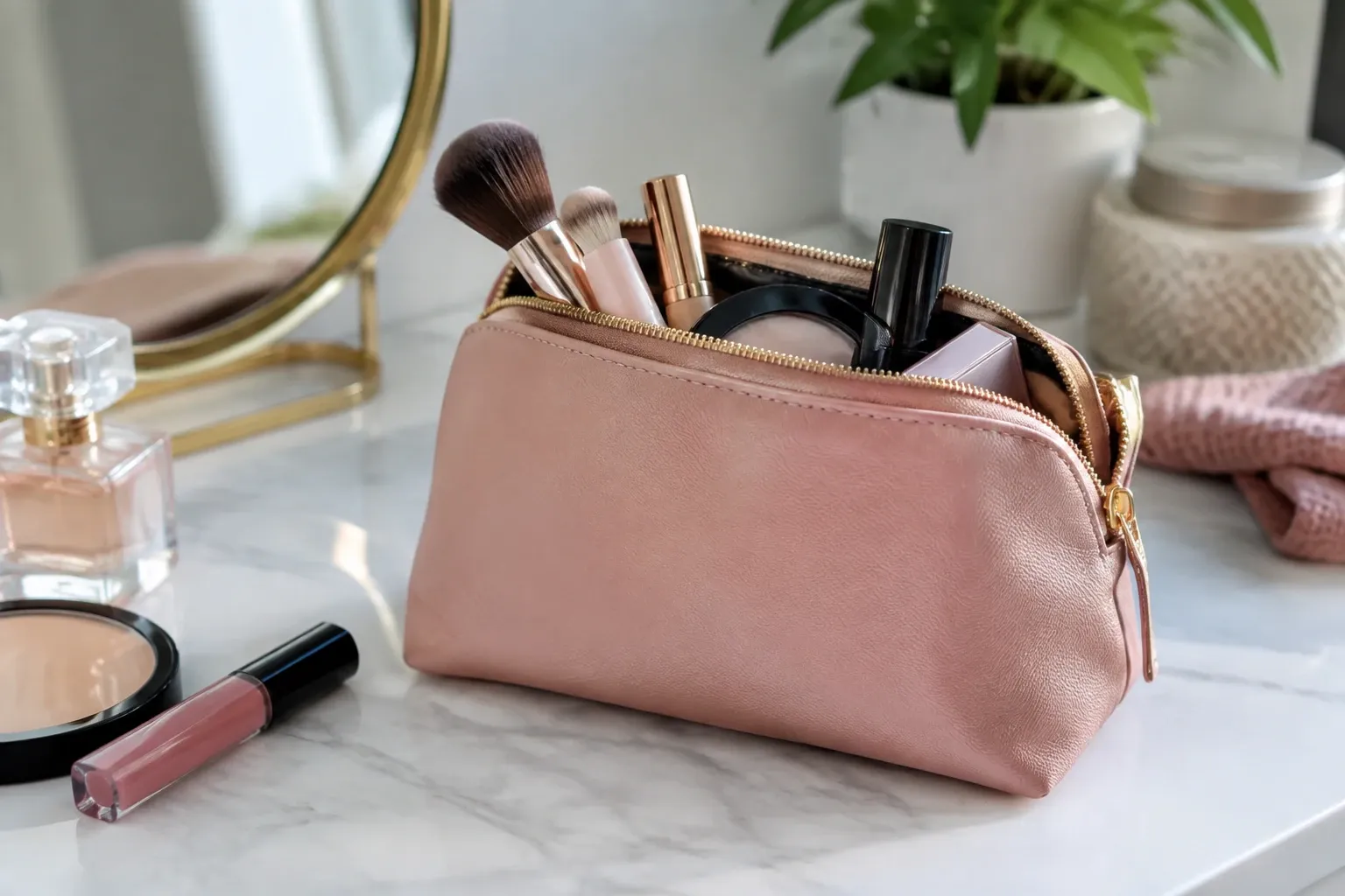 Roze make-uptasje open met penselen, compactpoeder en lipgloss op marmeren blad