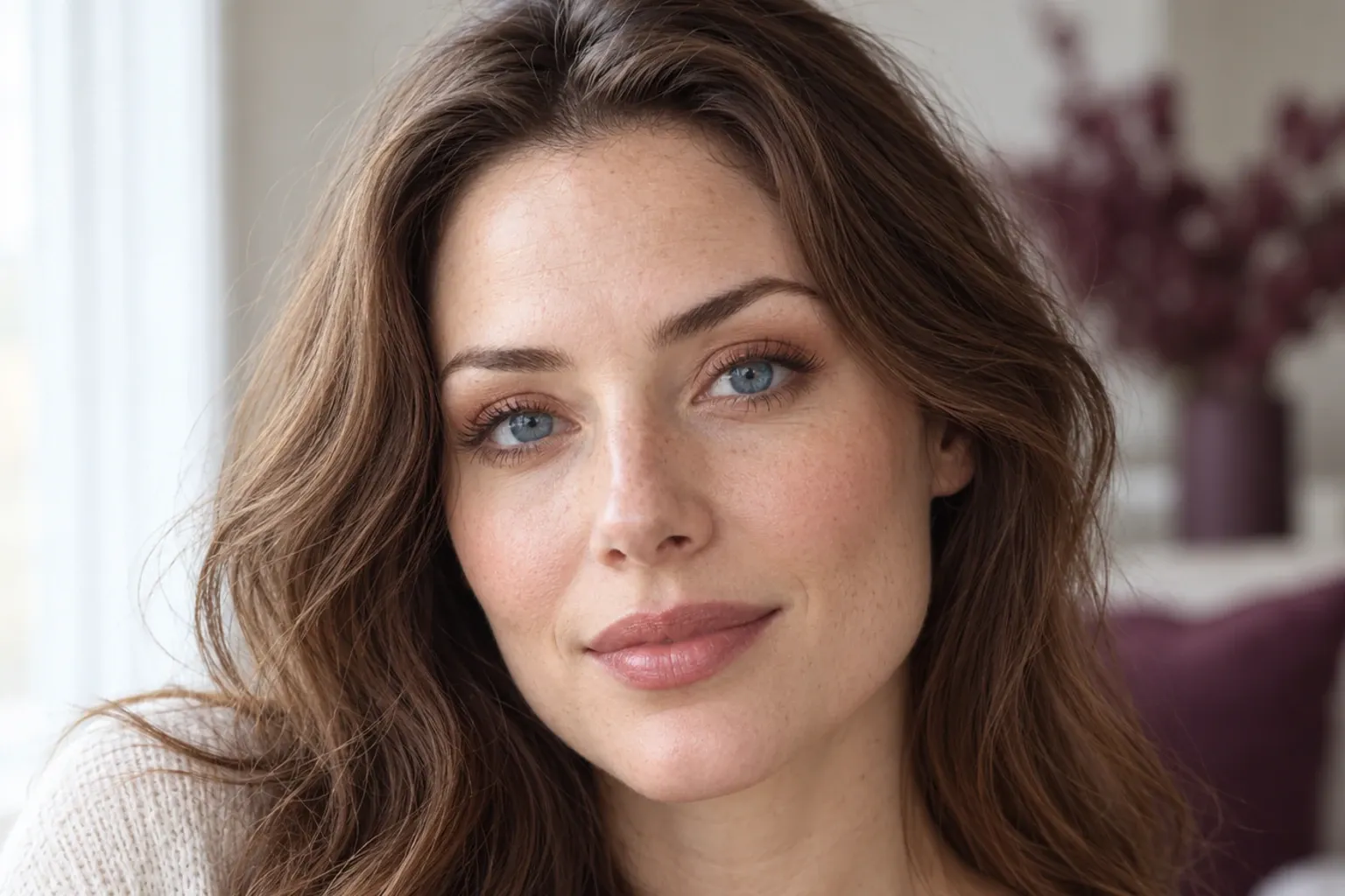 Vrouw met blauwe ogen en lichte huid, subtiele make-up, losse golvende bruine haren, zacht daglichtverlening