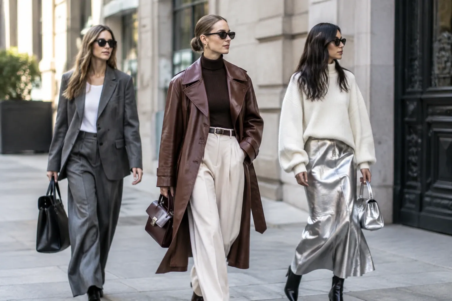 Drie vrouwen op straat in stijlvolle winteroutfits: oversized blazer, leren trench, metallic rok