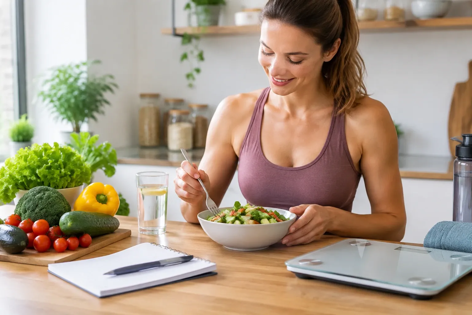 Vrouw eet een kleurrijke salade aan keukentafel met groenten en water