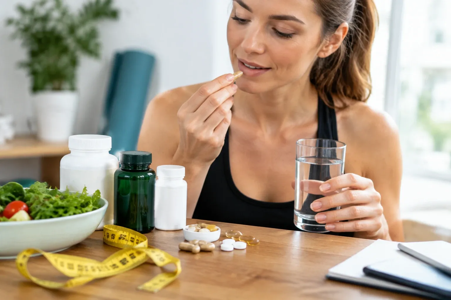 Vrouw neemt supplementpil met glas water, supplementflessen, salade en meetlint op tafel